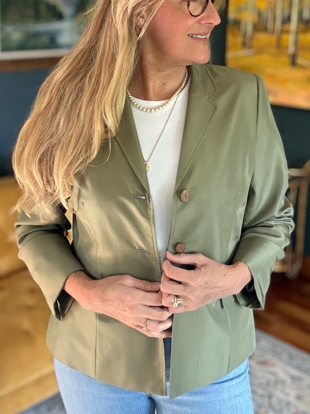 Judith Hart 100% Silk Blazer Jacket Olive Sage Green Tailored Petite 14P Classic